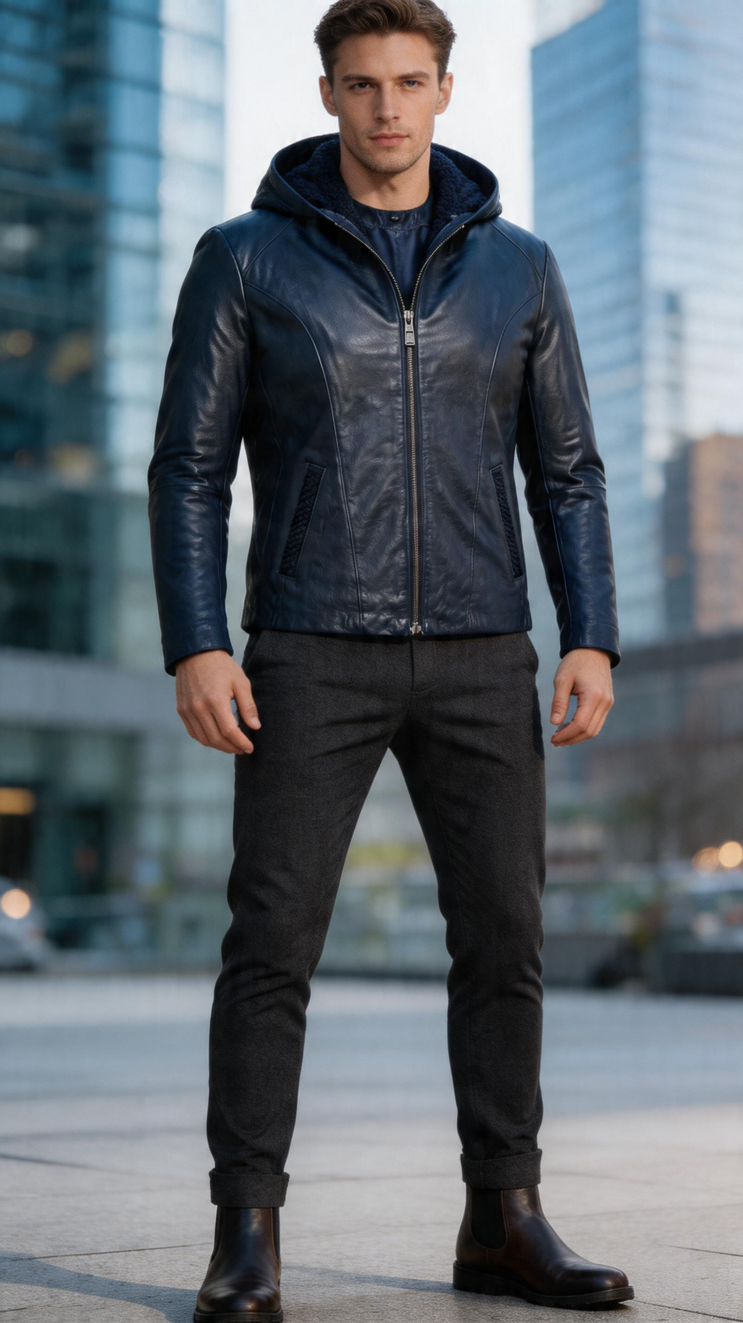 Lamb Leather Black Hooded Jacket for Men
