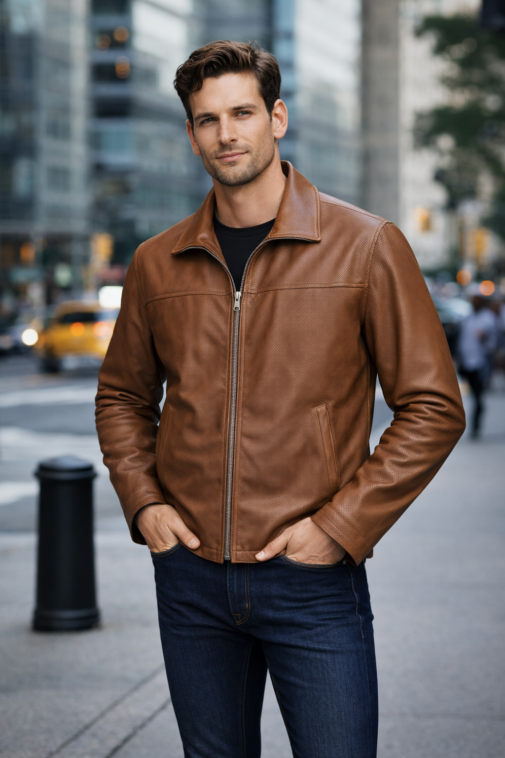 Reversble Lamb Leather and Windproof Fabric Brown Jacket for Men