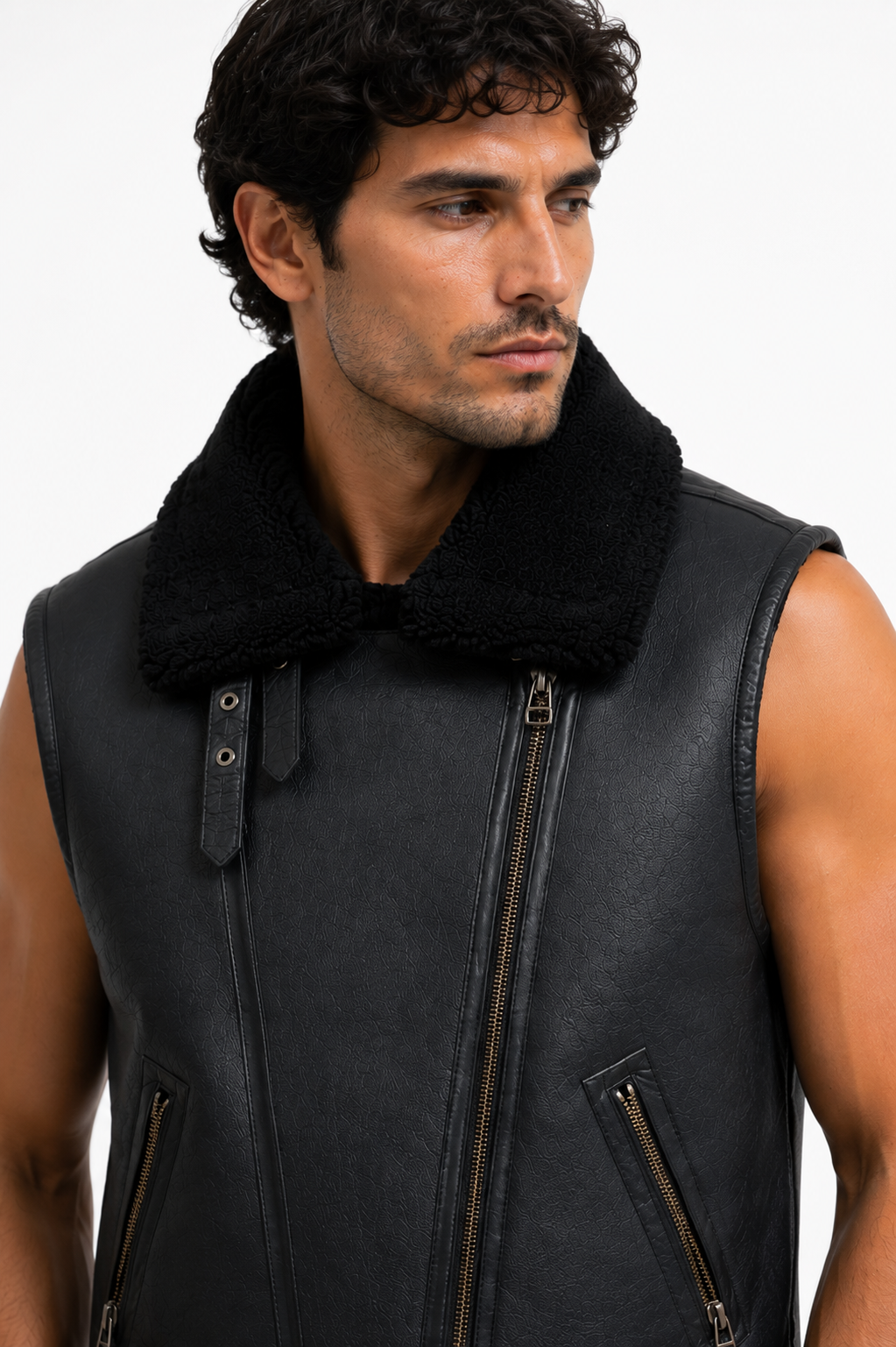Black Leather and Fur Waistcoat for Men