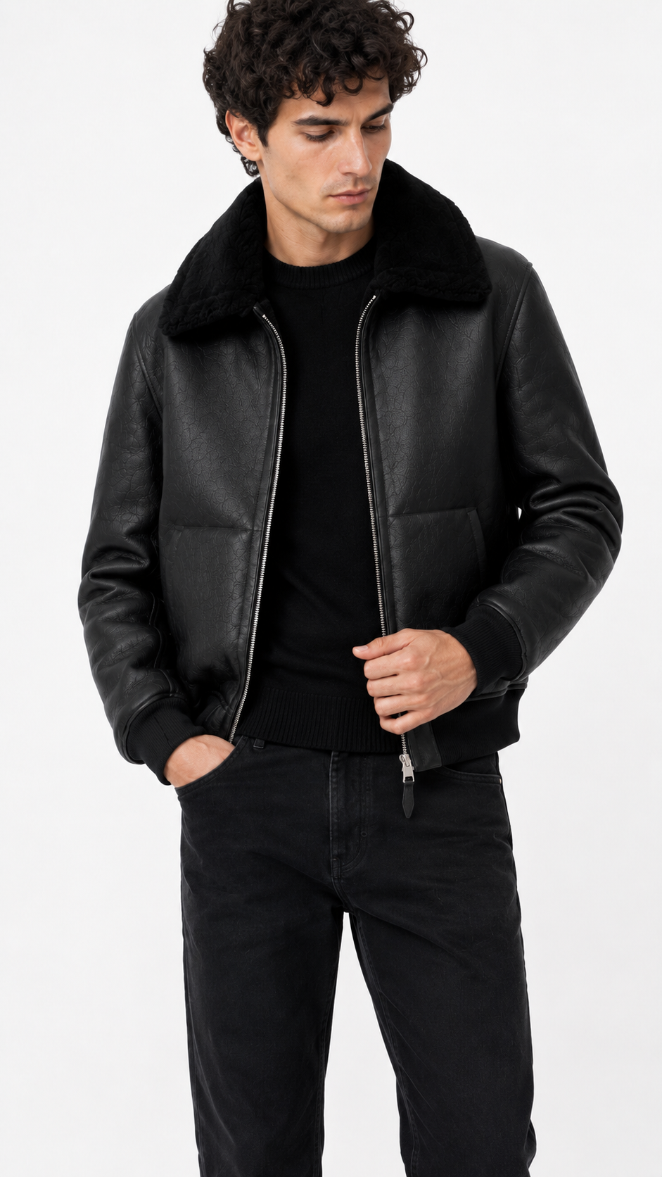 Lamb Fur Black Leather Jacket for Men