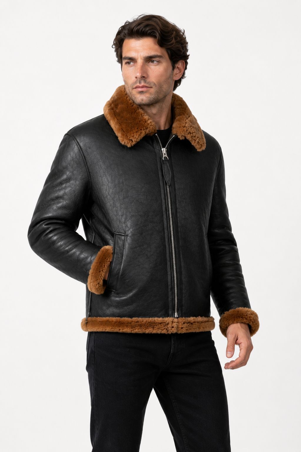 Lamb Leather Fur Black Jacket for Men