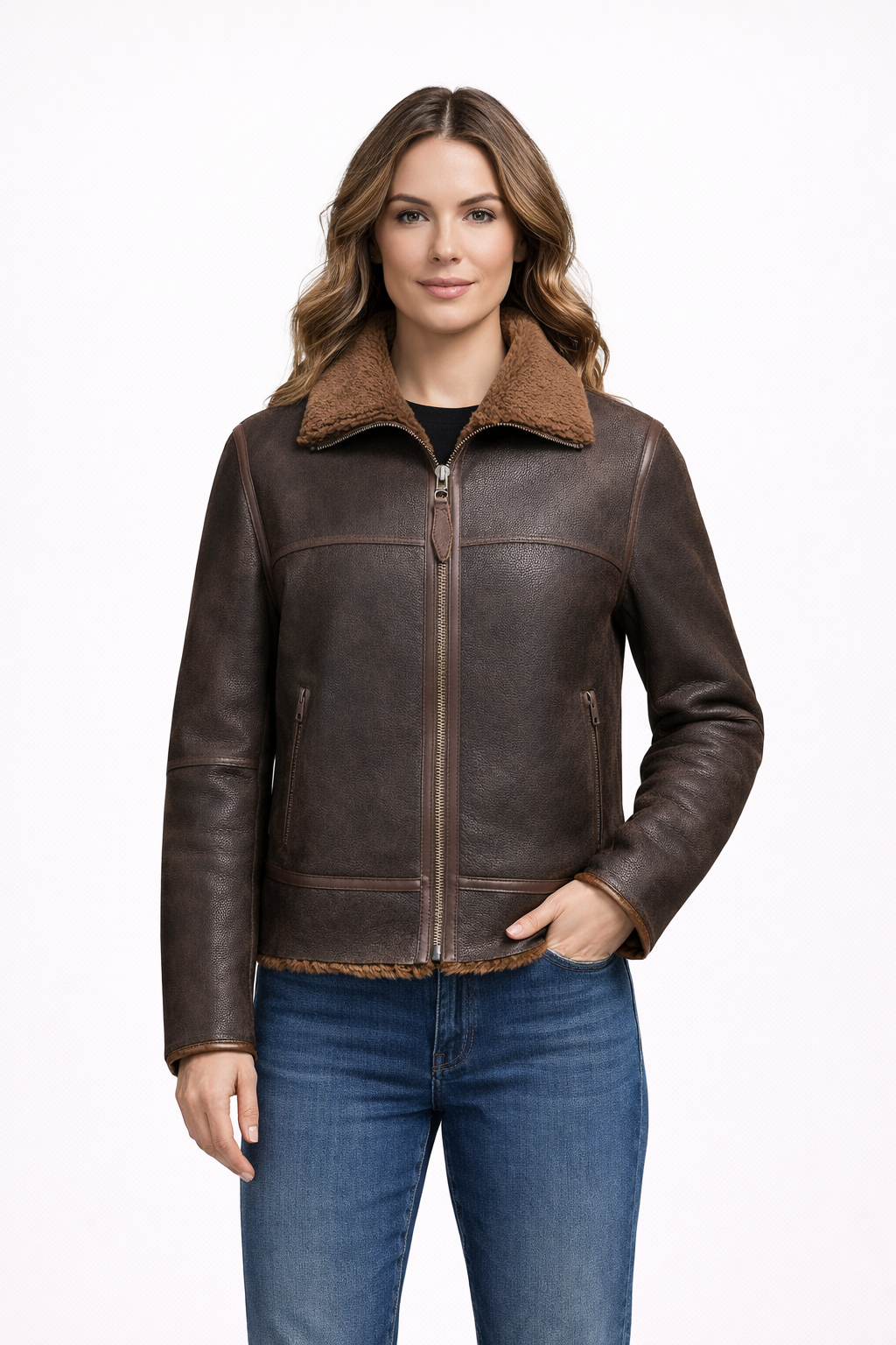 Brown Lamb Fur Leather Jacket for Women