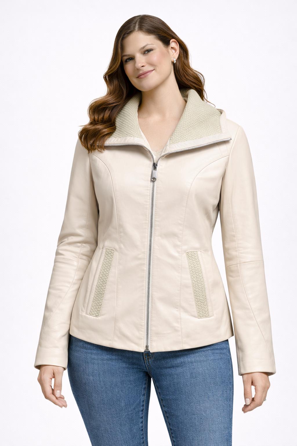 White Zipper Women Leather Jacket