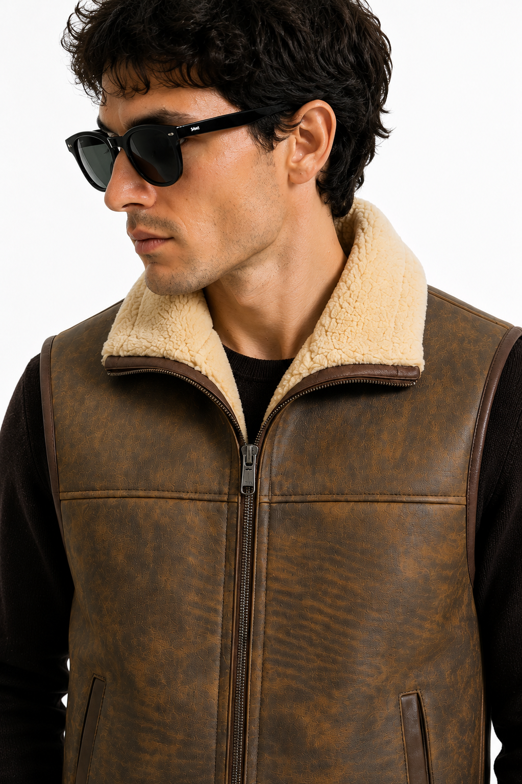 Brown and White Leather Fur Waistcoat for Men