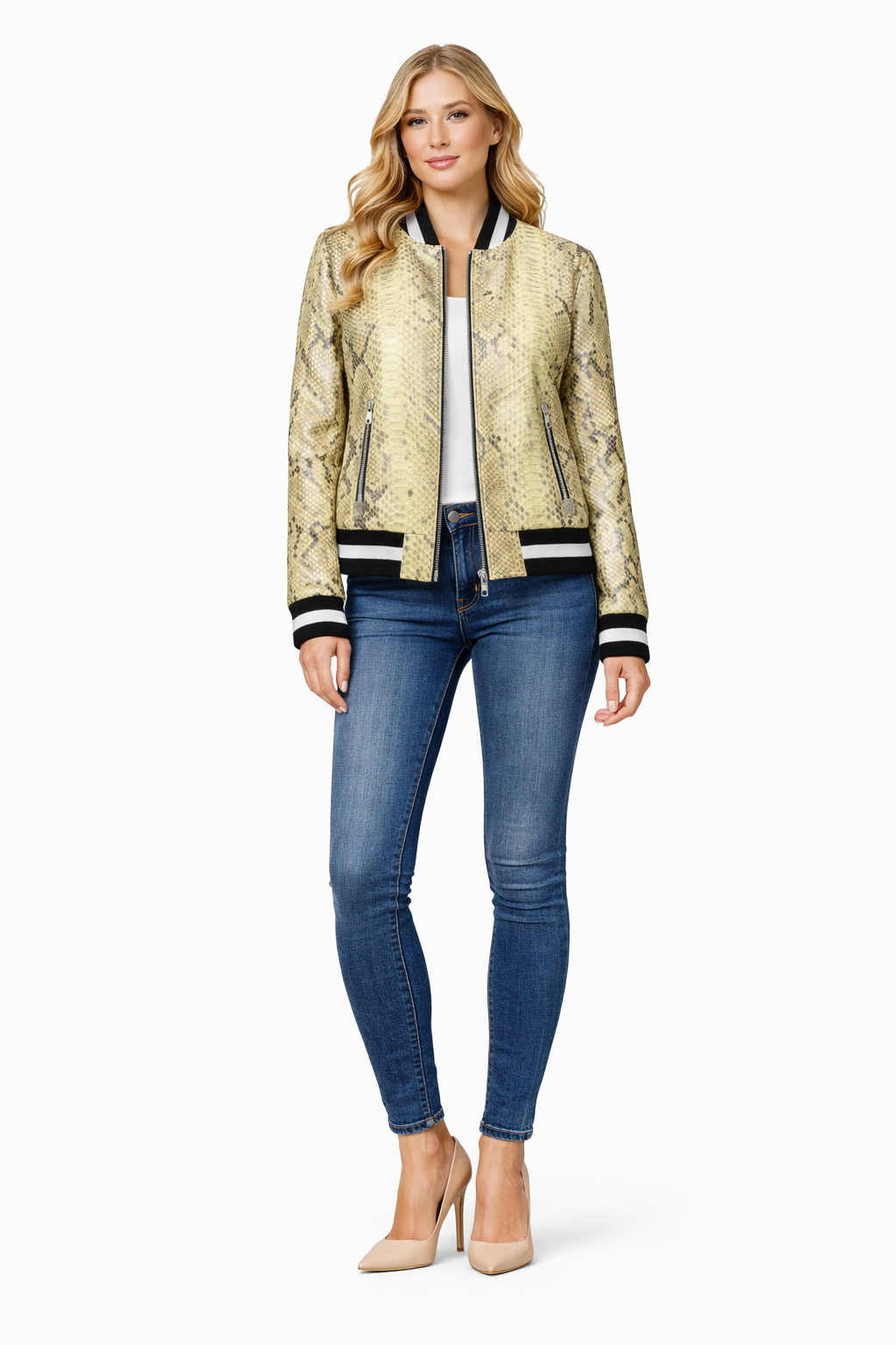 Yellow Lamb Python Print Women College Leather Jacket