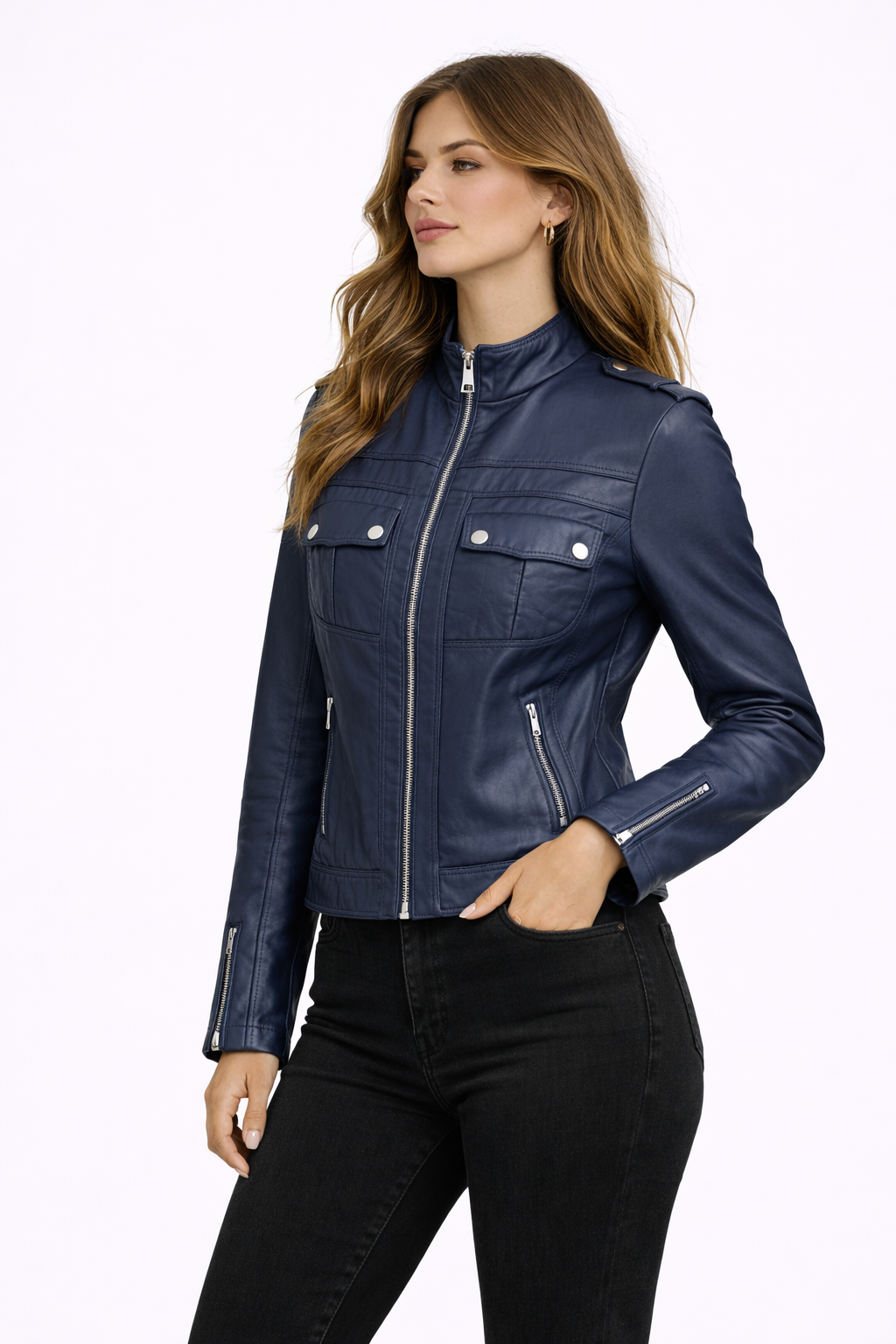 Lamb Leather Navy Leather Jacket for Women