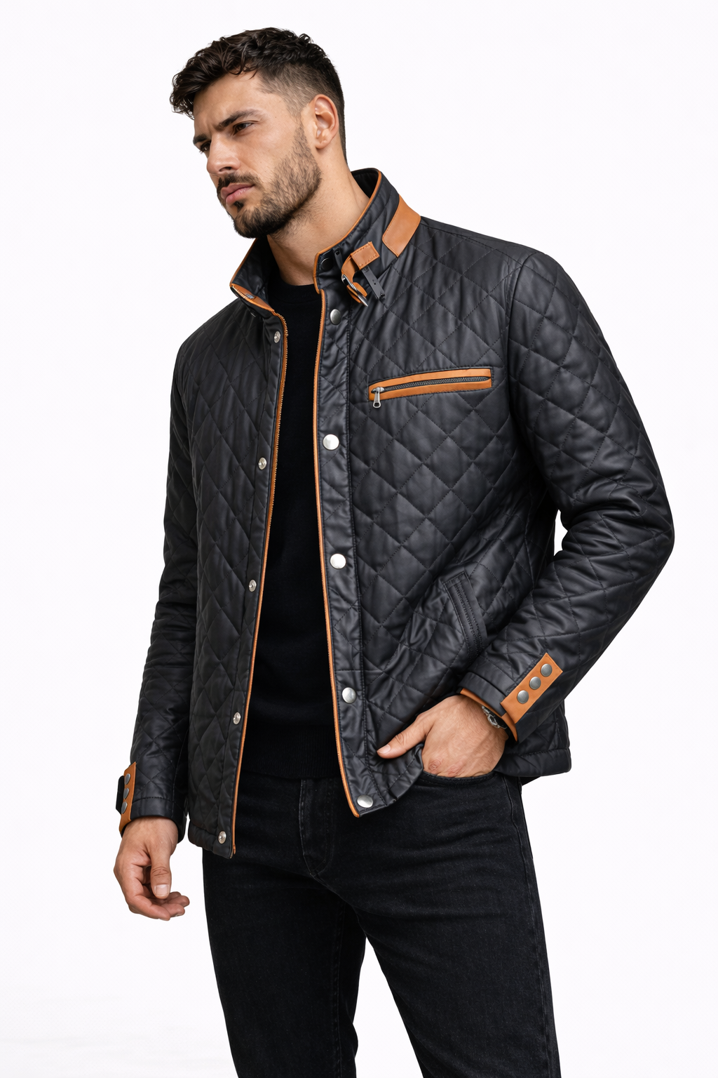 Lamb Leather Black and Brown Leather embroidered jacket for Men