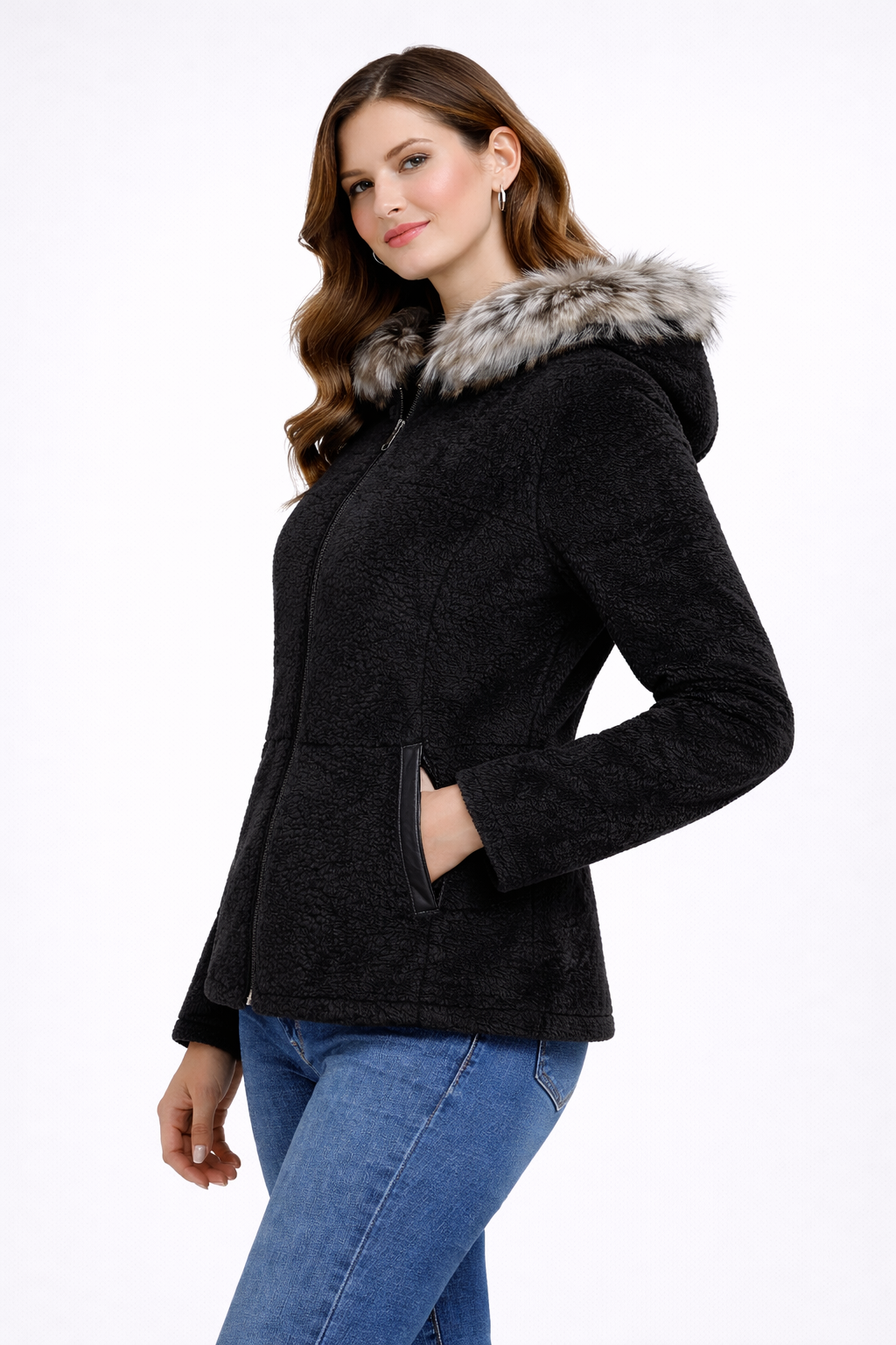 Black Full Fur hooded Women Leather Jacket