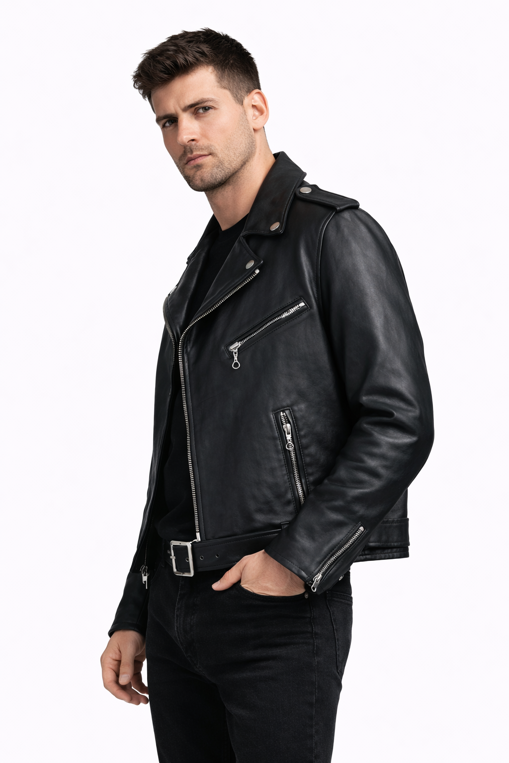 Lamb Leather Biker Black Leather Jacket for Men