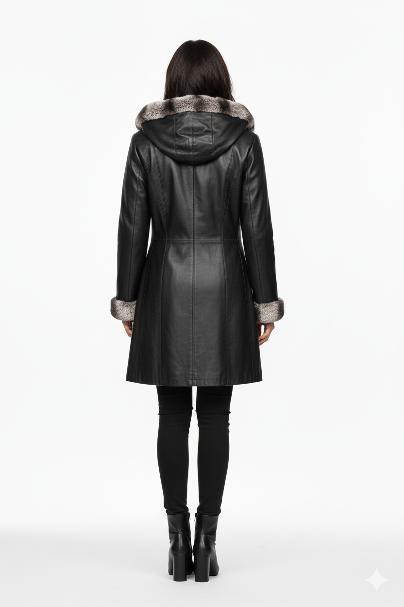 Lamb Leather Black Leather with Rex Fur Jacket for Women Long Model