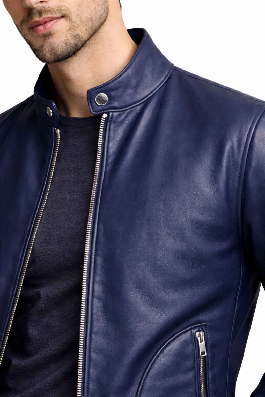 Lamb Leather Navy Blue Leather Jacket for Men