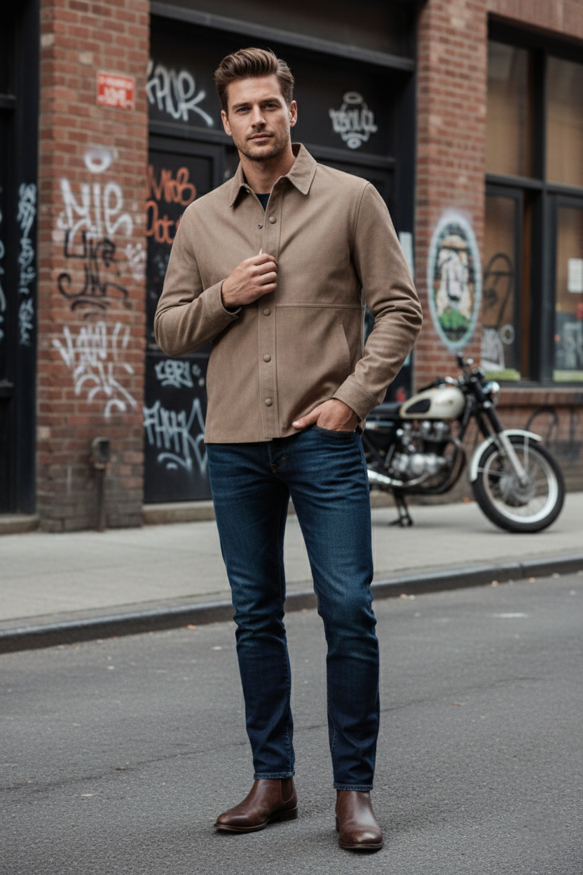 Lamb Leather Suede Shirt Jacket for Men