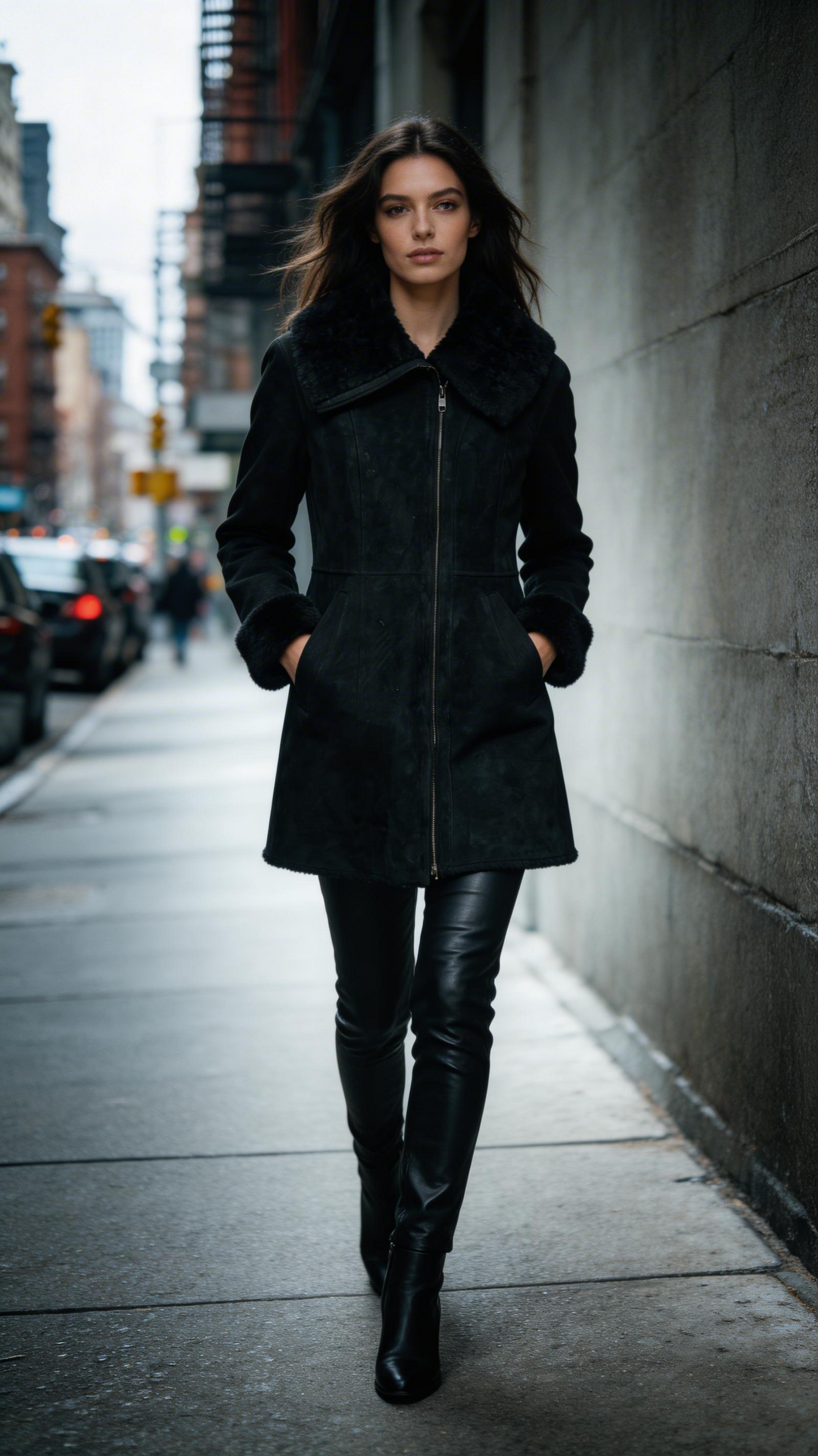 Fur Leather Black Coat Jacket for Women