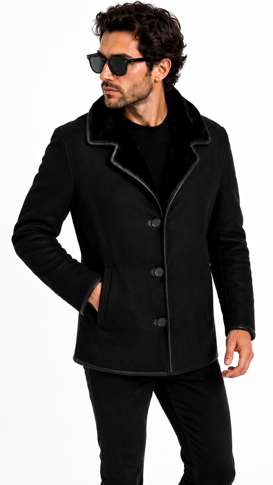 Black Fur Suede Leather Jacket for Men