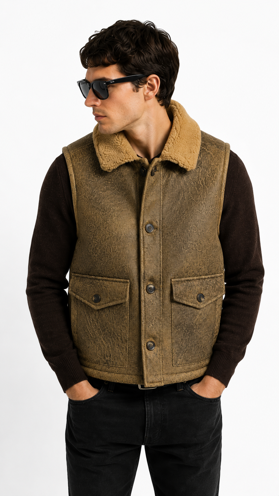 Khaki Brown Leather with Fur Waistcoat for Men