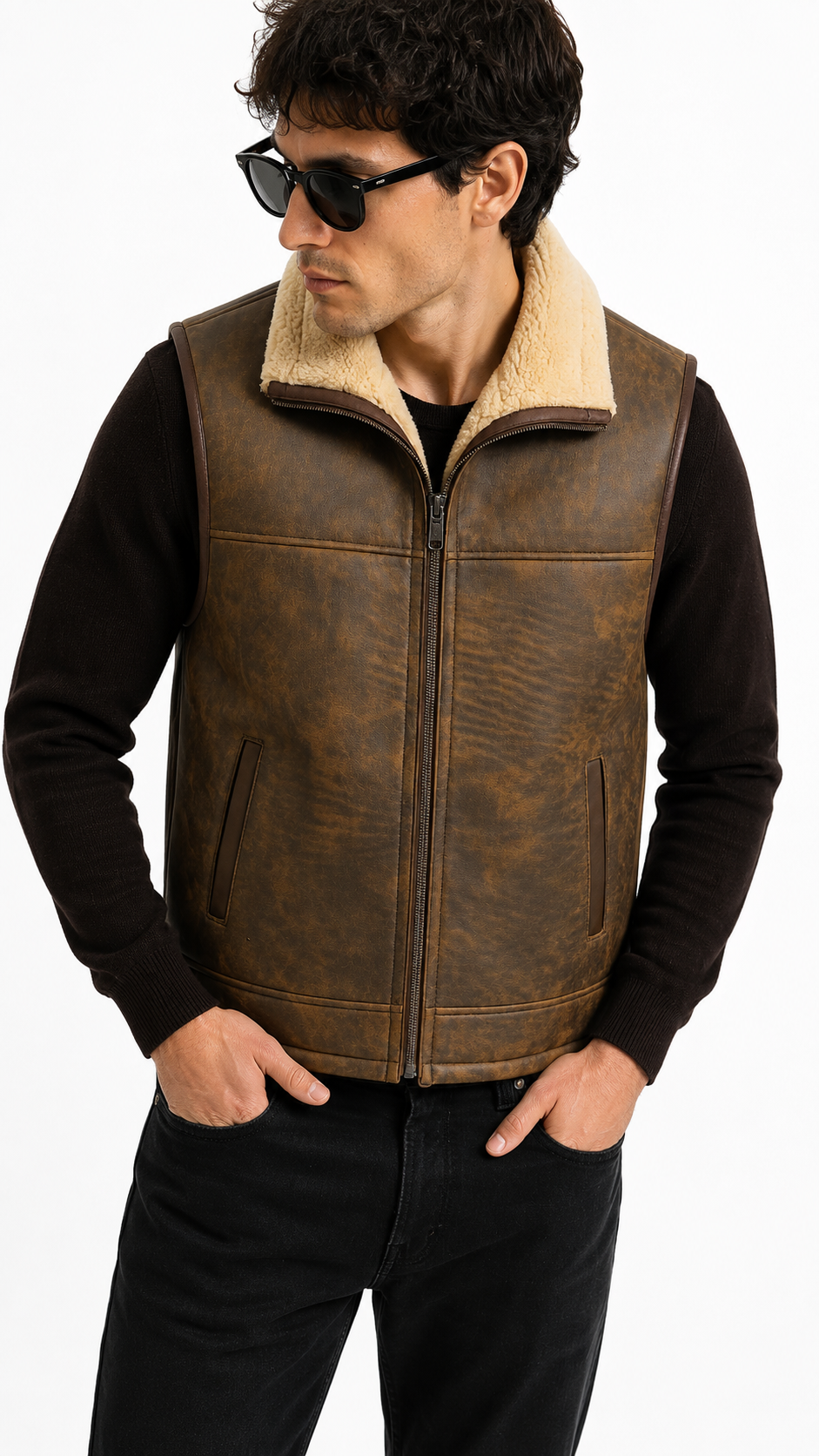 Brown and White Leather Fur Waistcoat for Men