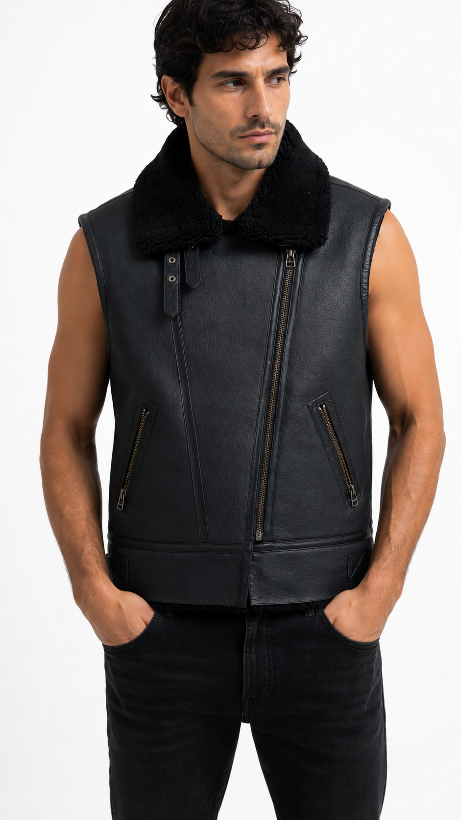 Black Leather and Fur Waistcoat for Men