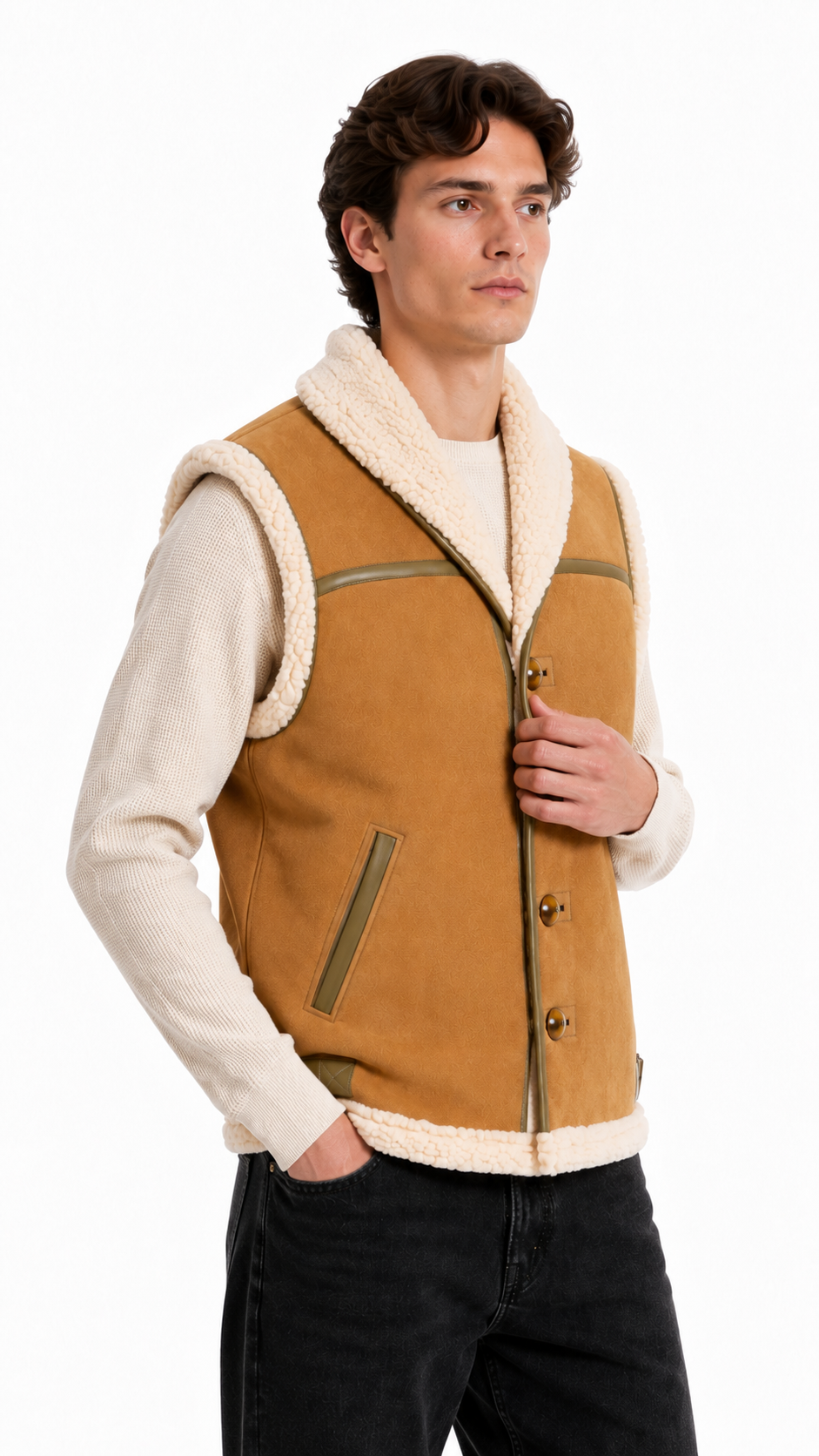 Light Brown White Lamb Fur and Leather Suede Waistcoat for Men