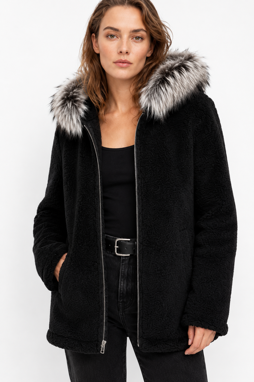 Reversible Black Leather Suede and Digital Printed Leather Hooded Jacket with Fur for Women