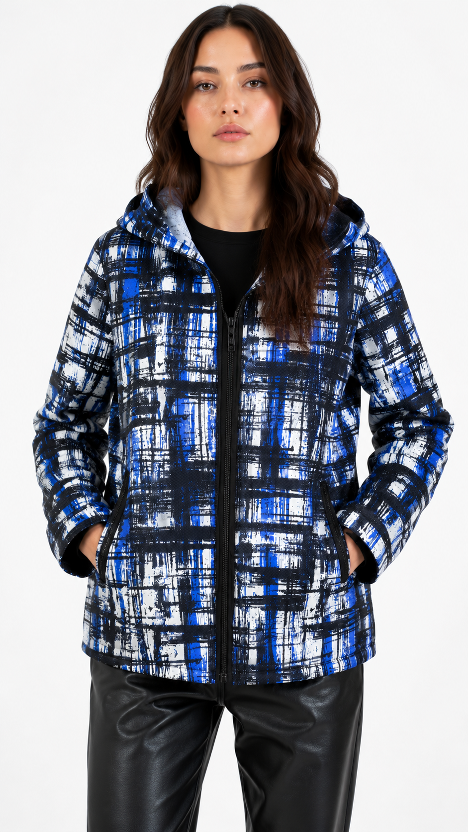 Reversible Digital Printed Leather Suede Hooded Jacket for Women
