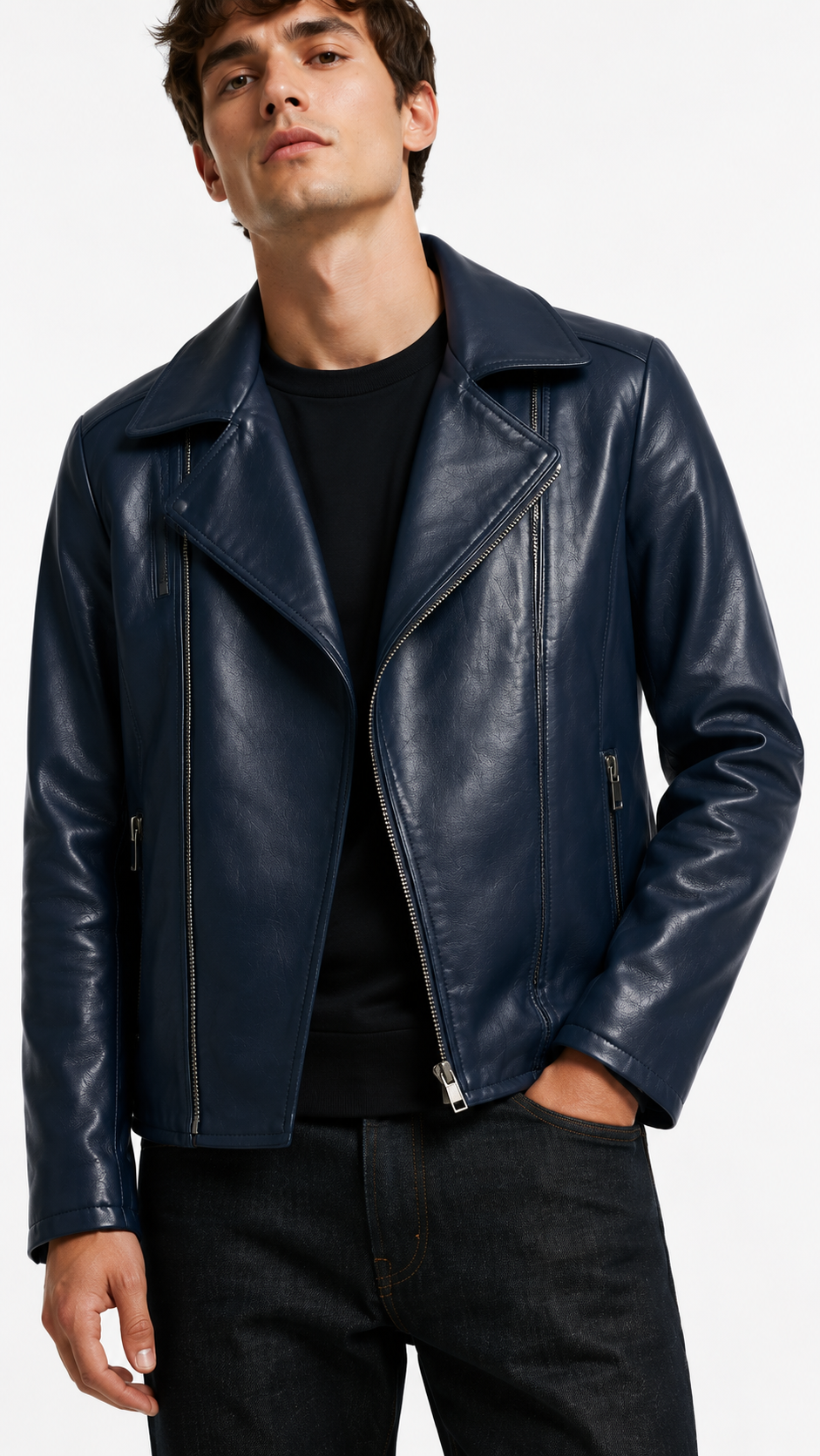 Navy Blue Leather Jacket for Men