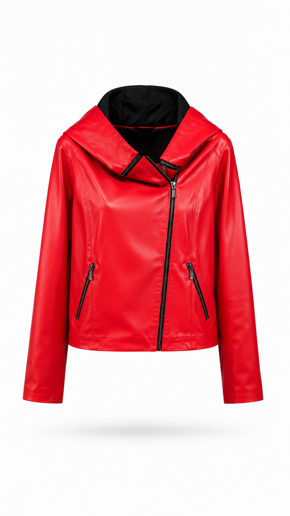 Red Lamb Leather Hooded Jacket for Women