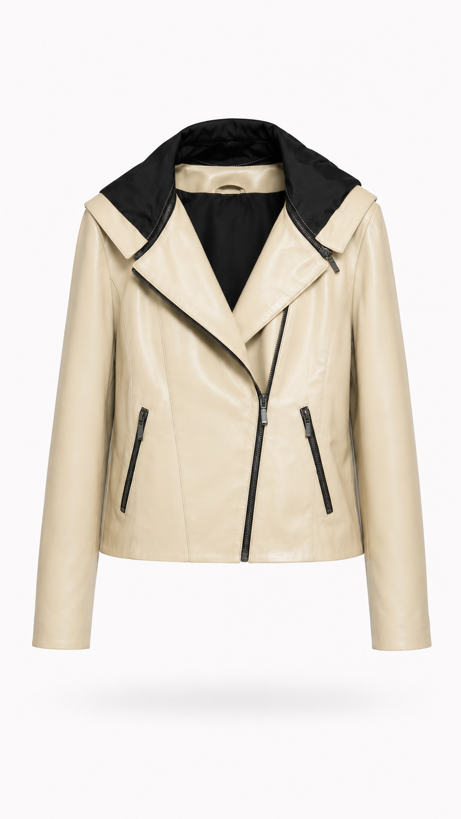 Beige Lamb Leather Hooded Jacket for Women