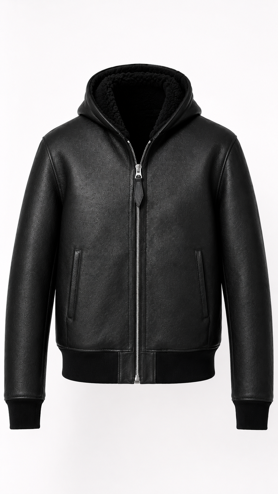 Lamb Leather Fur Black Hooded Jacket for Men