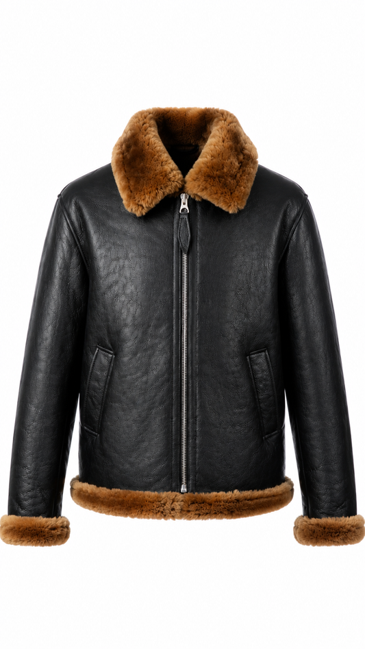 Lamb Leather Fur Black Jacket for Men