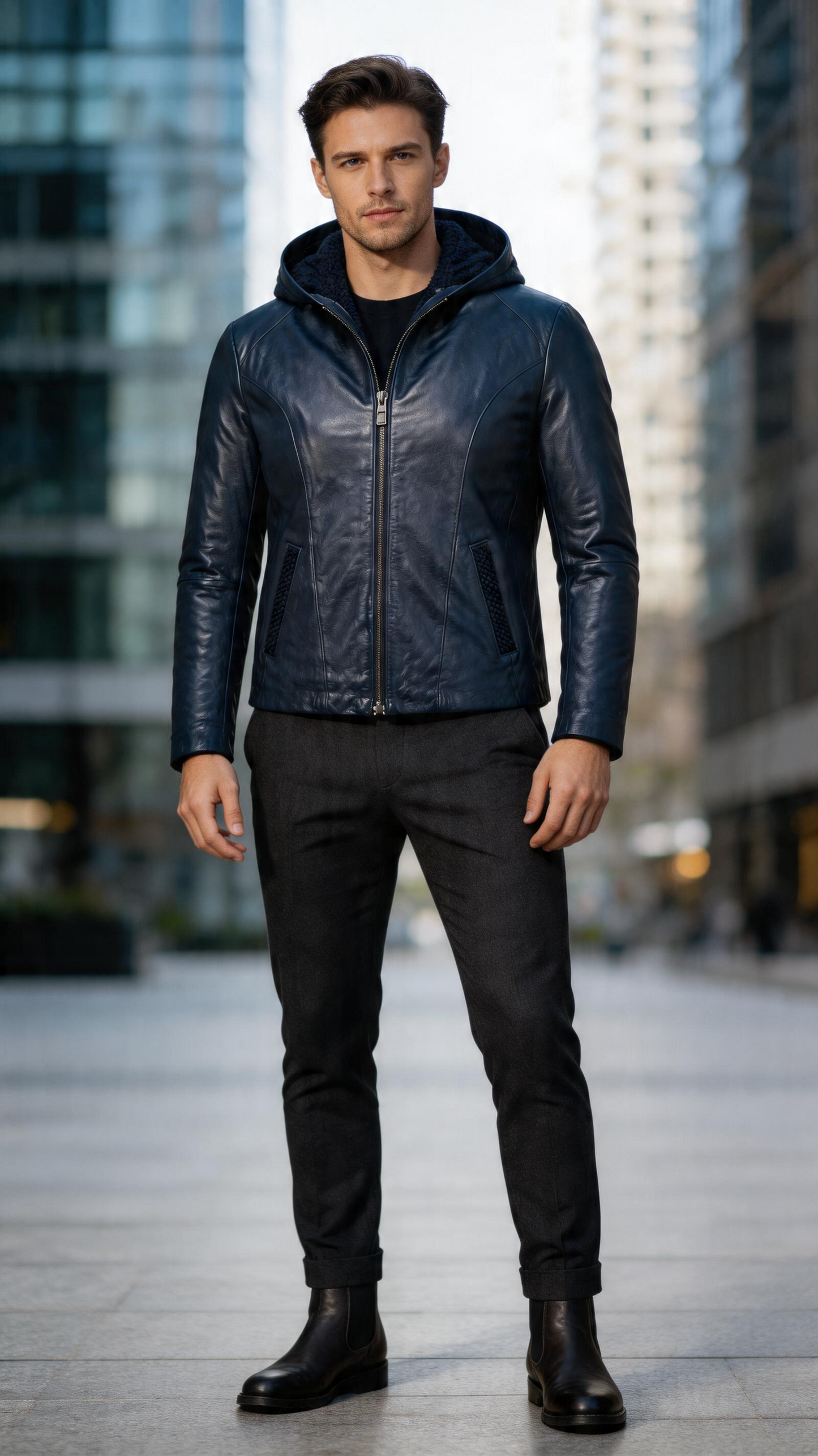 Lamb Leather Black Hooded Jacket for Men