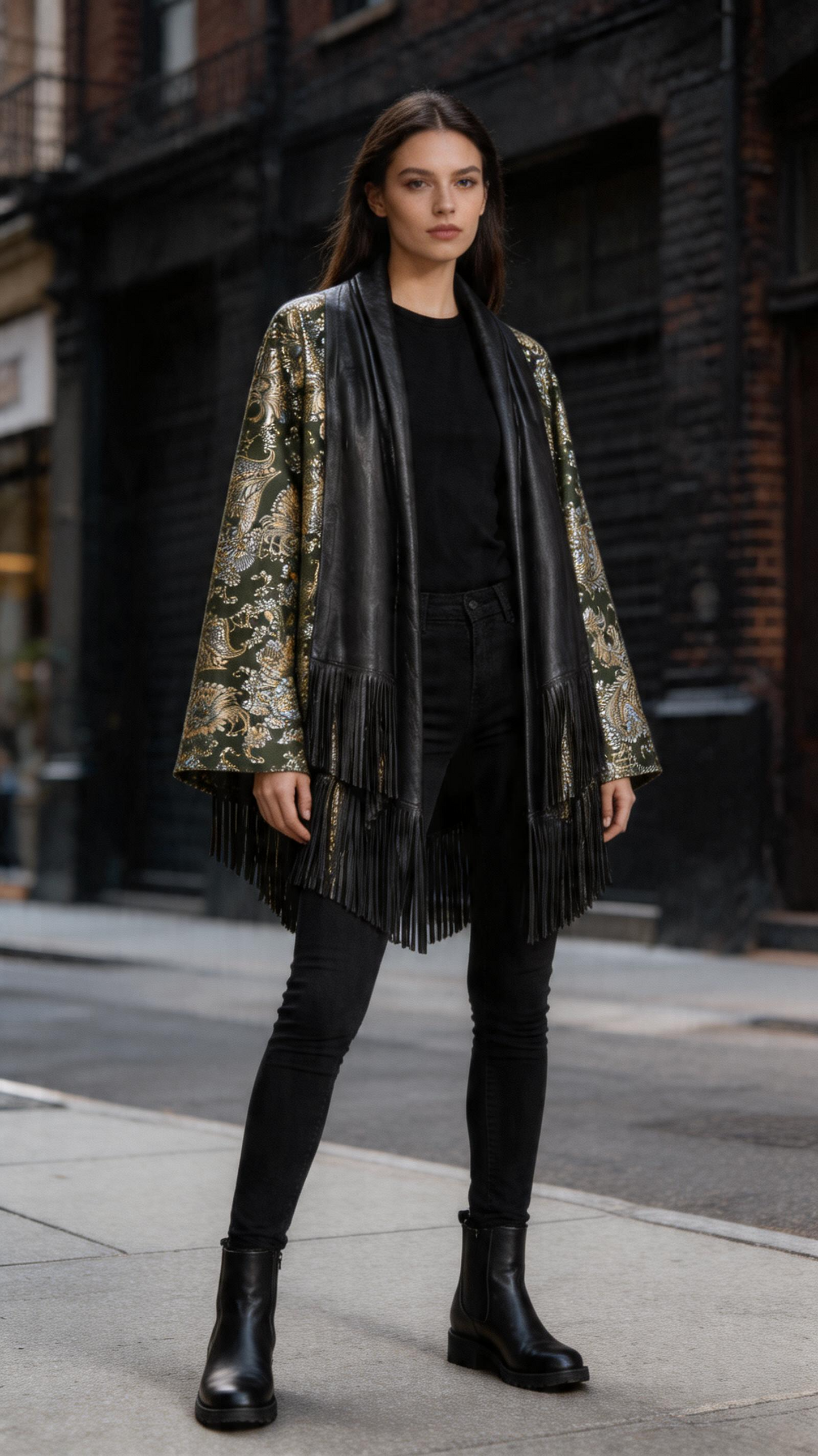 Lamb Leather Black Gold Poncho for Women