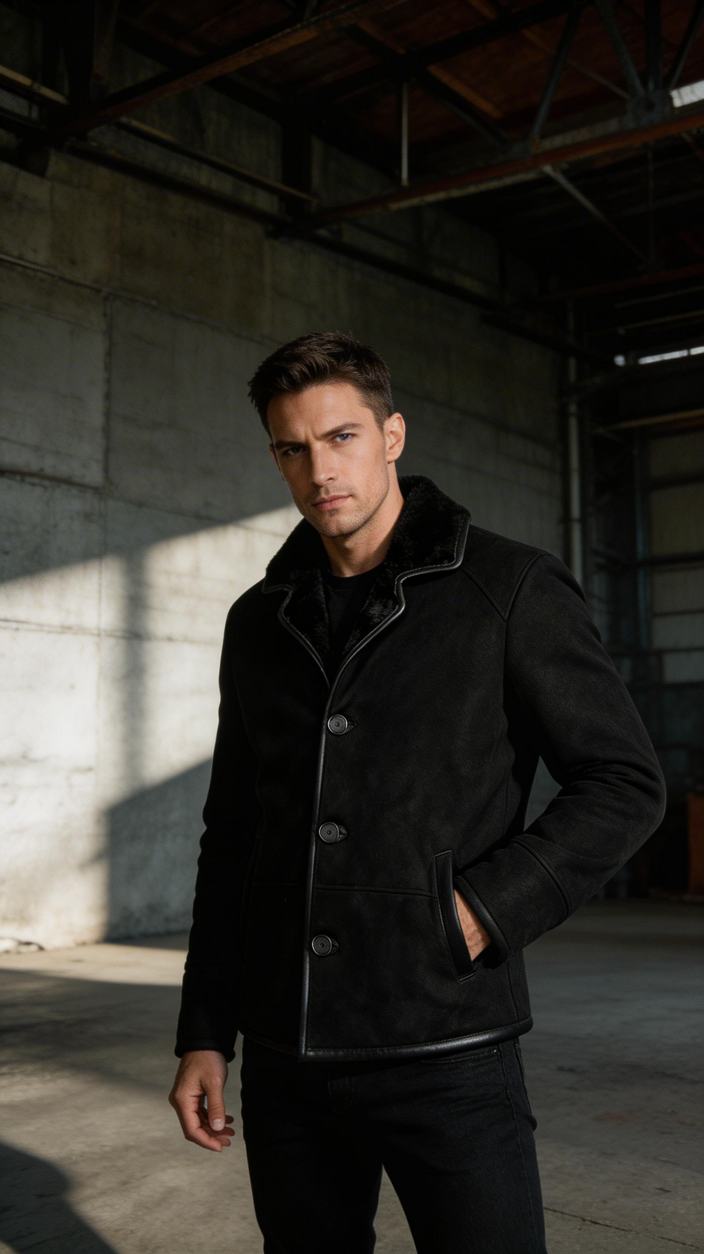 Black Fur Suede Leather Jacket for Men