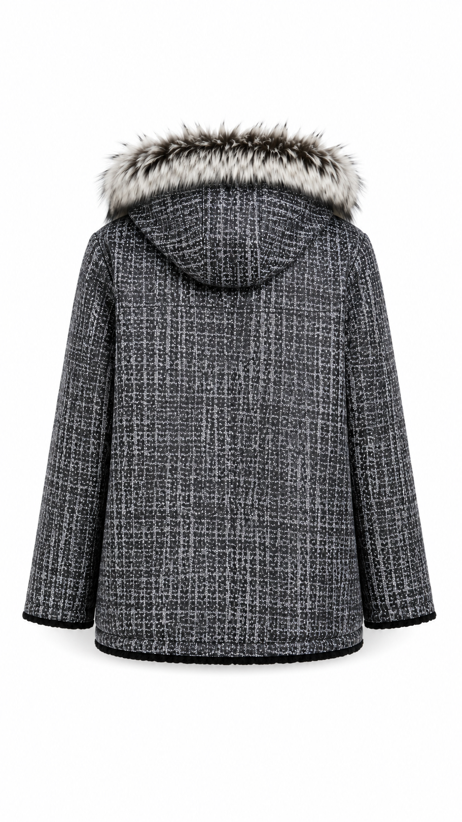Reversible Black Leather Suede and Digital Printed Leather Hooded Jacket with Fur for Women