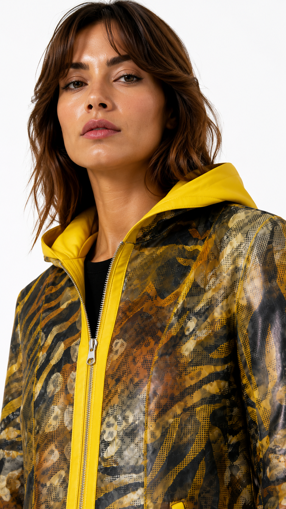 Lamb Leather Reversible Yellow Leather Hooded Jacket for Women