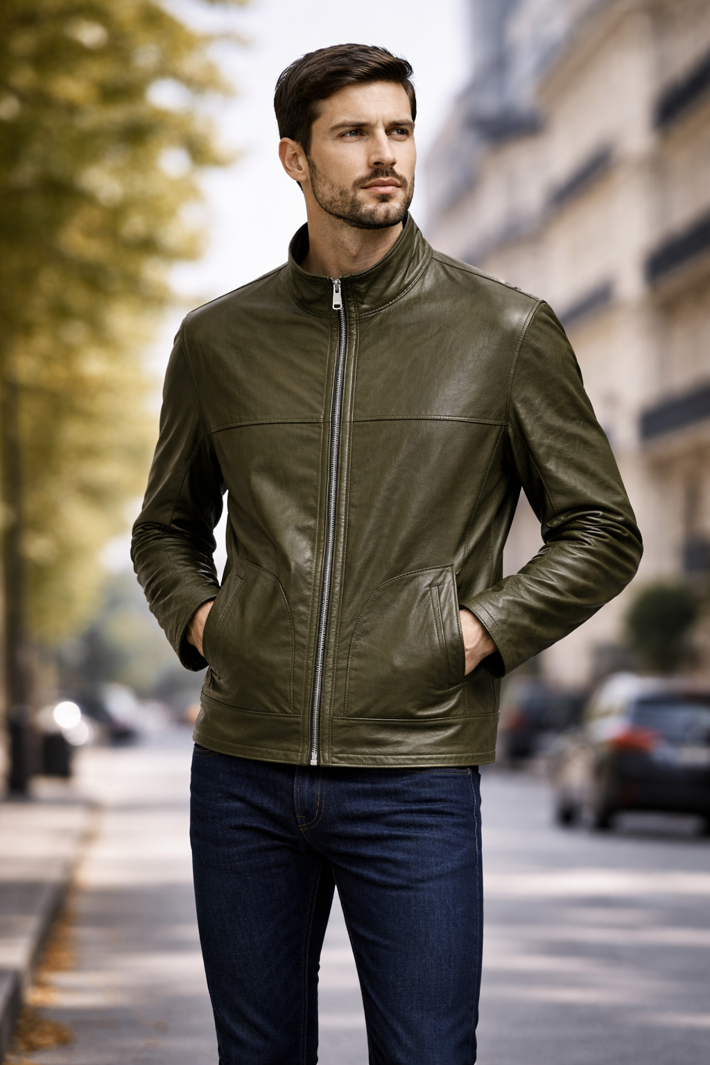 Reversble Lamb Leather Khaki Suede and Leather Jacket for Men