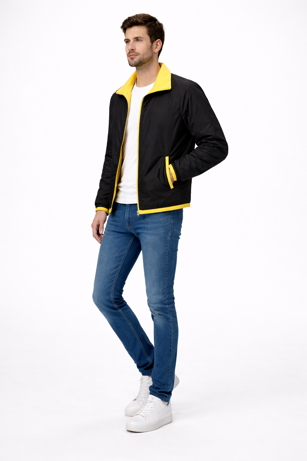 Reversble Lamb Leather and Windproof Fabric Yellow and Black Jacket for Men