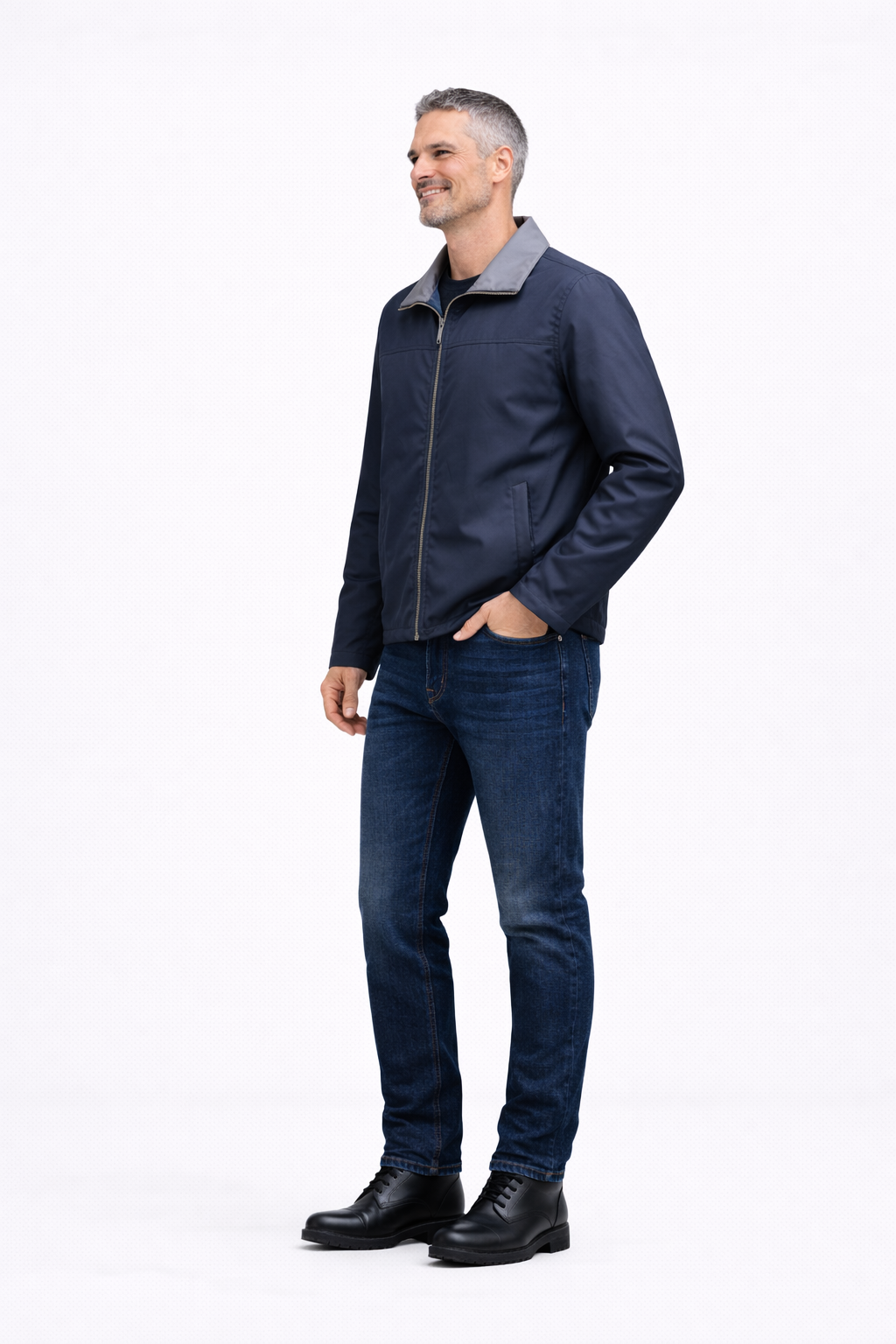 Reversble Lamb Leather and Windproof Fabric Black and Navy Blue Jacket for Men