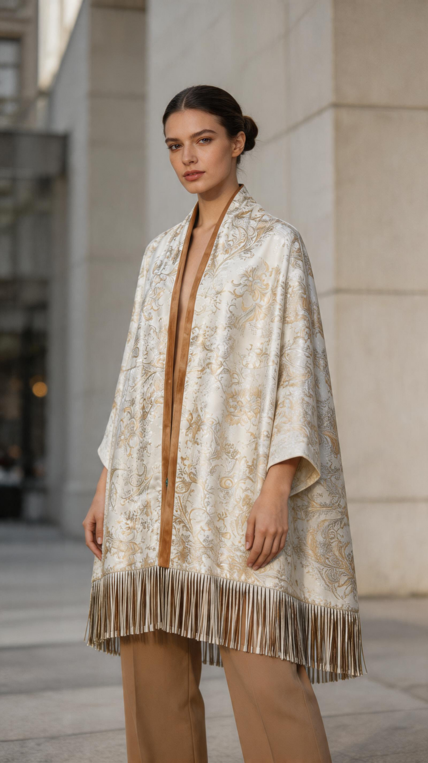 Lamb Leather Beige White Poncho for Women