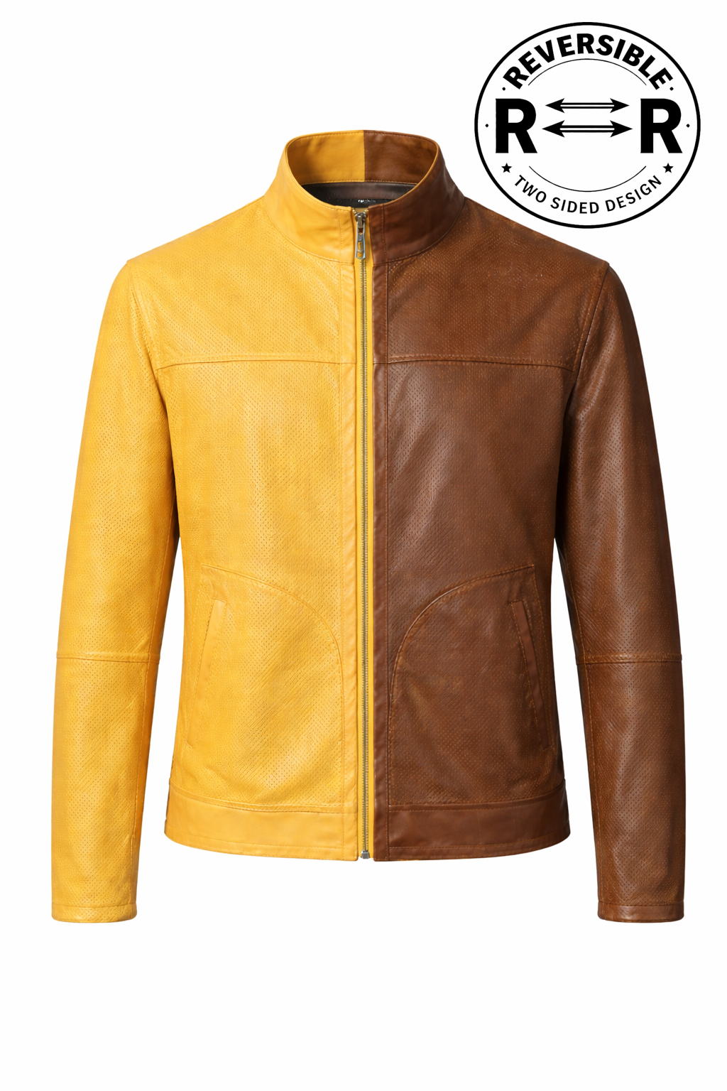 Reversible Yellow and Brown Leather Jacket for Men