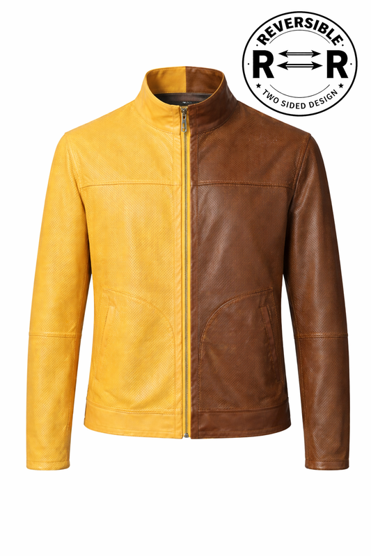 Reversible Yellow and Brown Leather Jacket for Men