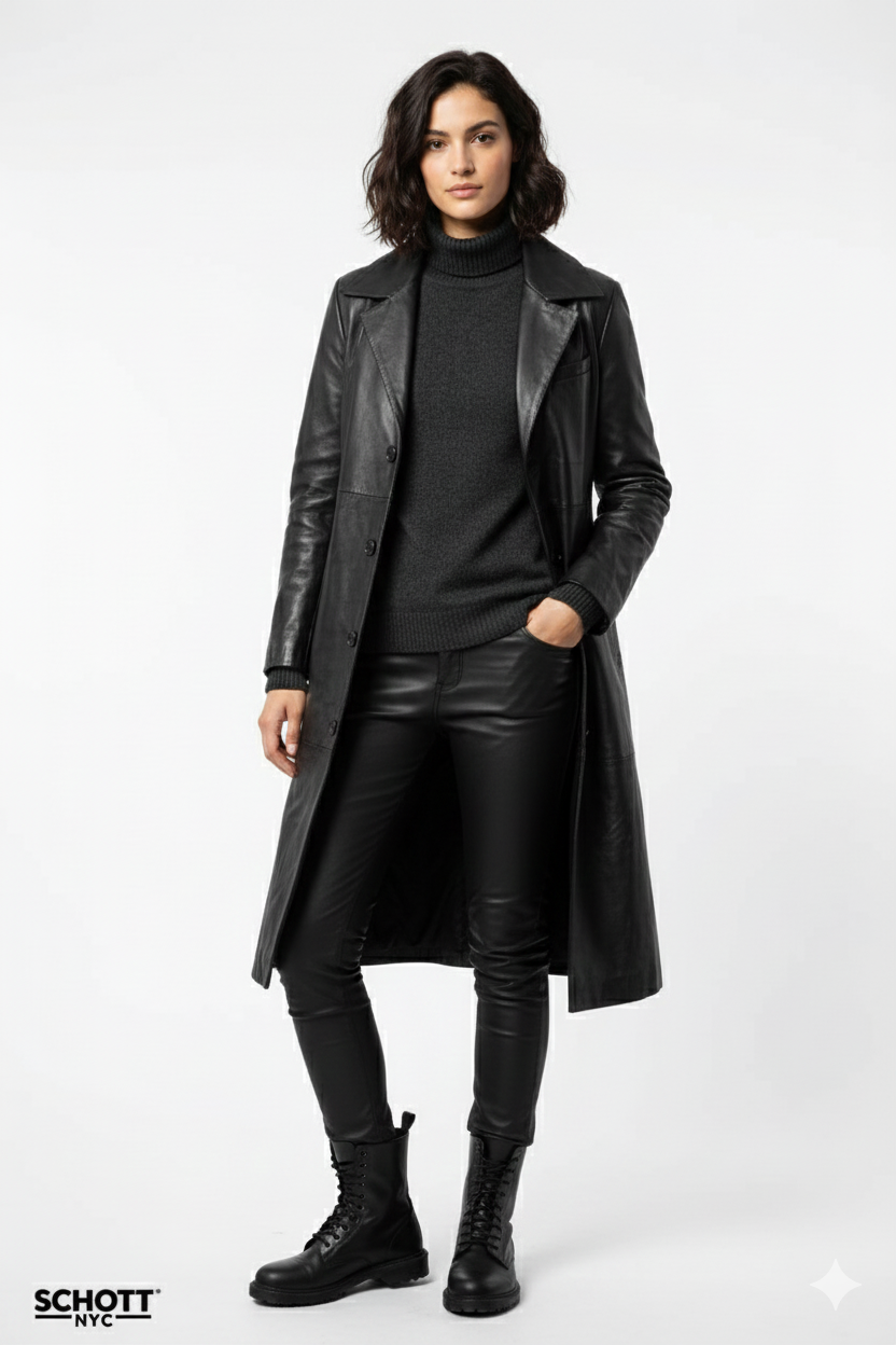 Black Long Lamb Leather Jacket for Women