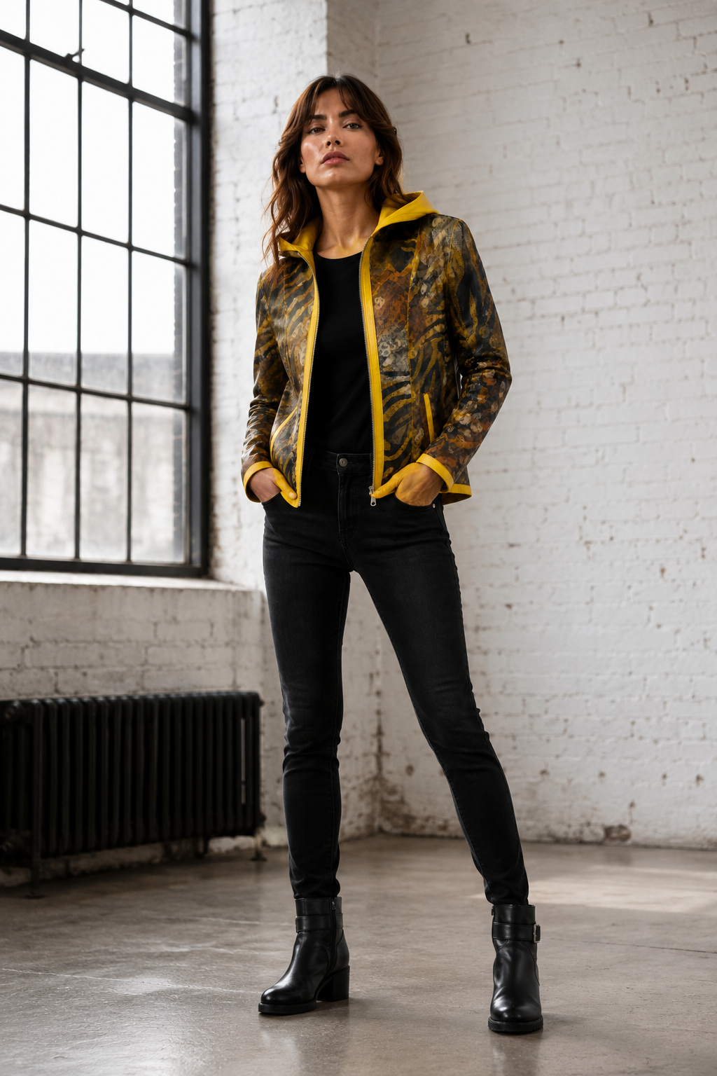 Lamb Leather Reversible Yellow Leather Hooded Jacket for Women