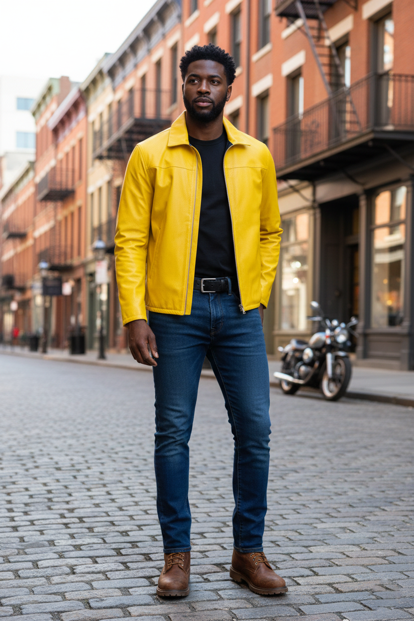 Reversble Lamb Leather and Windproof Fabric Yellow and Black Jacket for Men