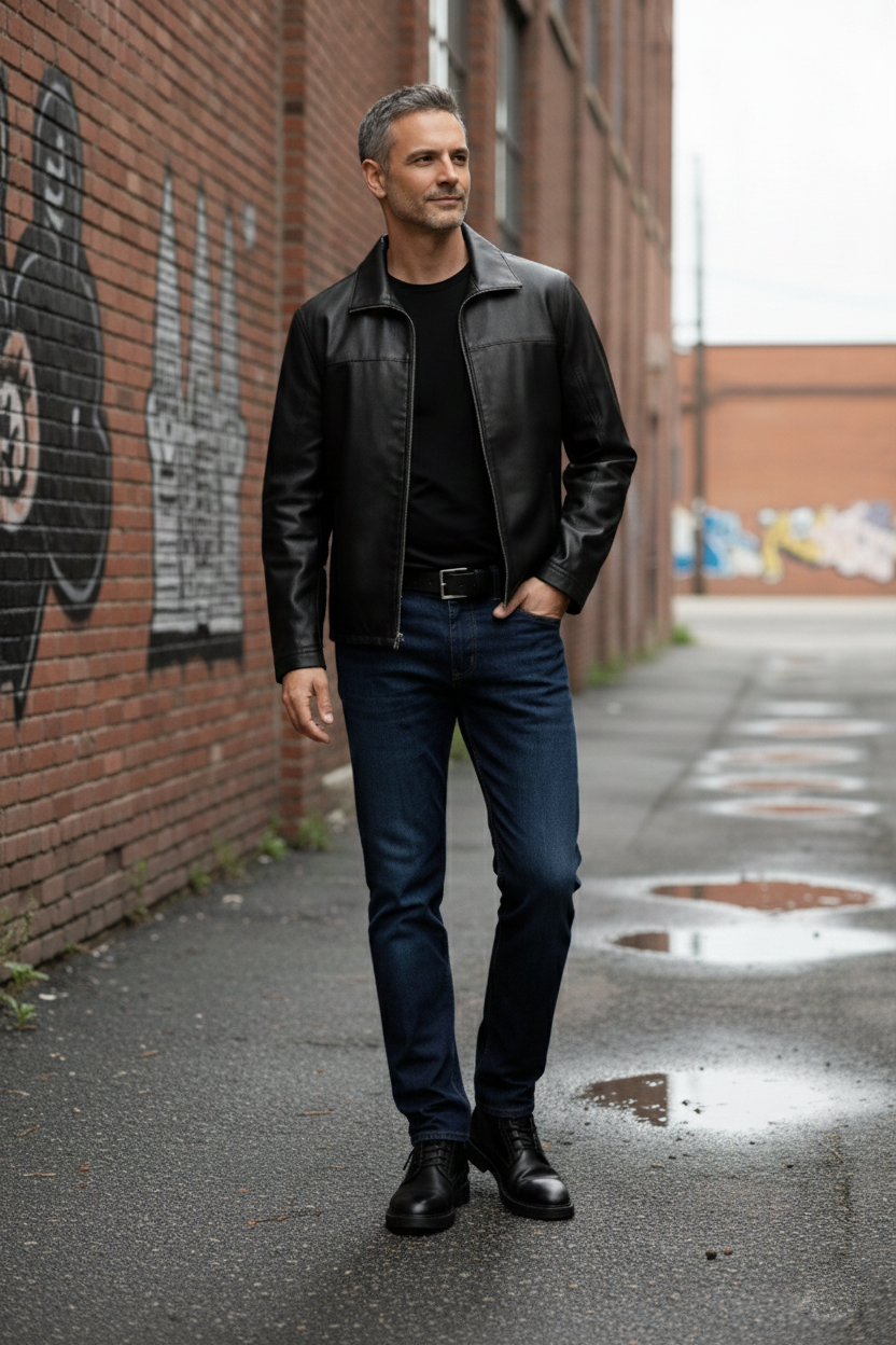 Reversble Lamb Leather and Windproof Fabric Black Jacket for Men