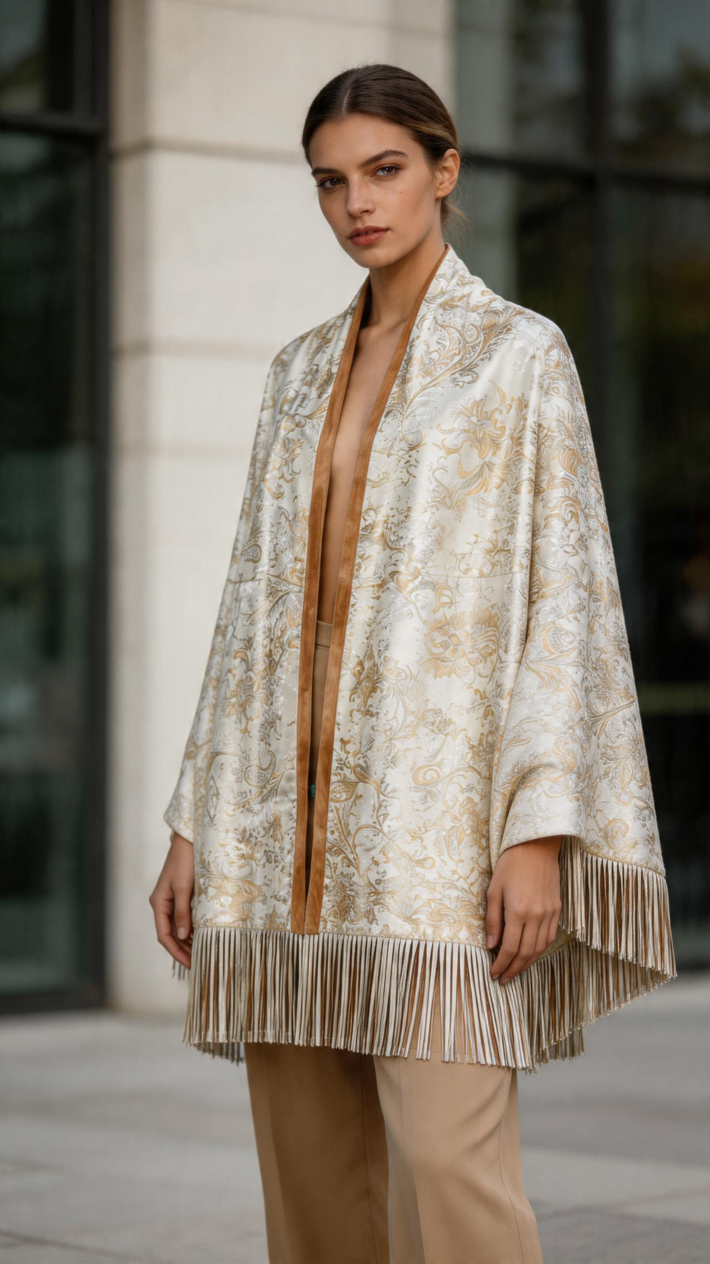 Lamb Leather Beige White Poncho for Women