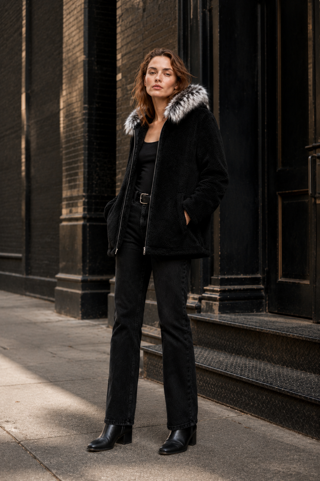 Reversible Black Leather Suede and Digital Printed Leather Hooded Jacket with Fur for Women