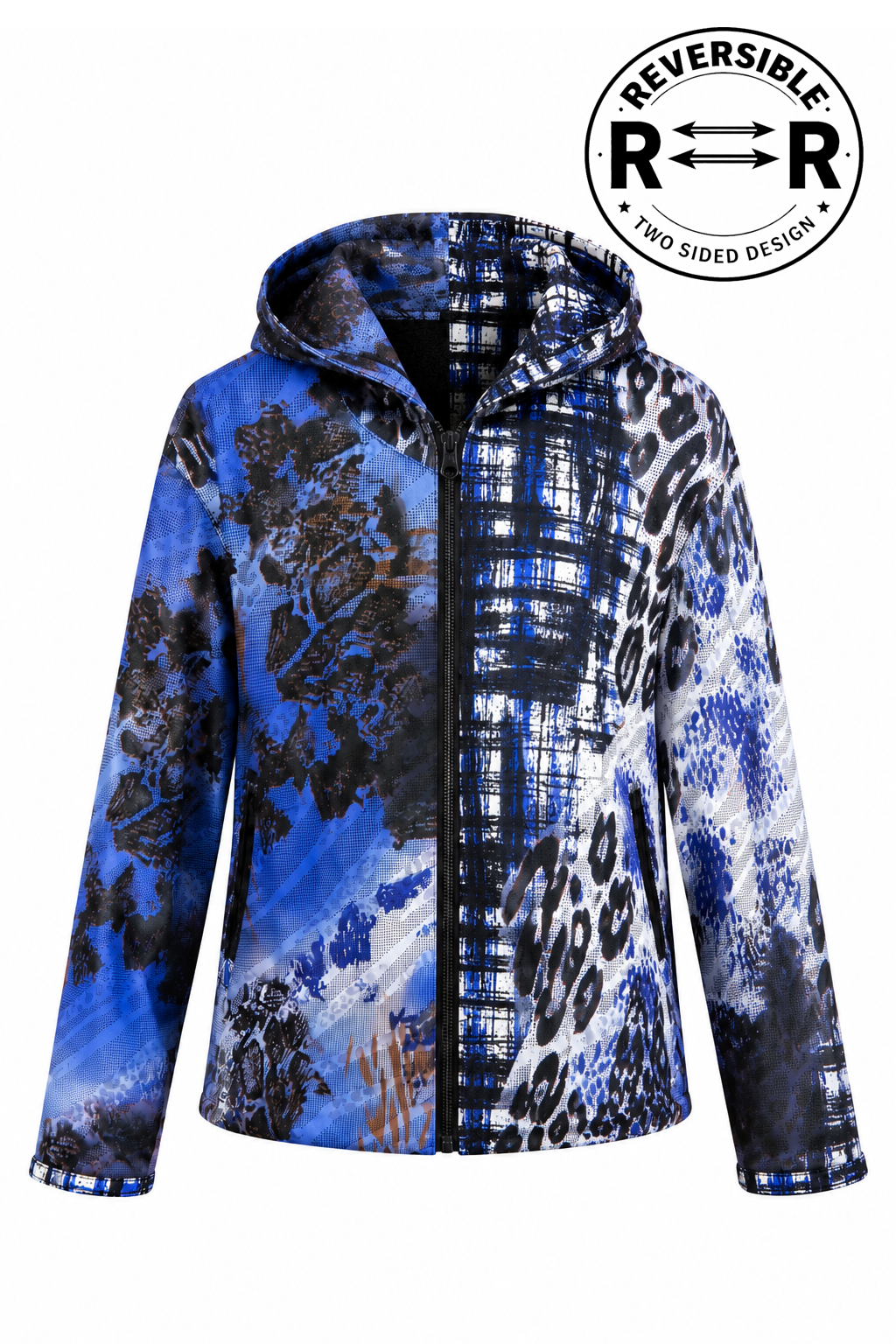 Reversible Digital Printed Leather Suede Hooded Jacket for Women