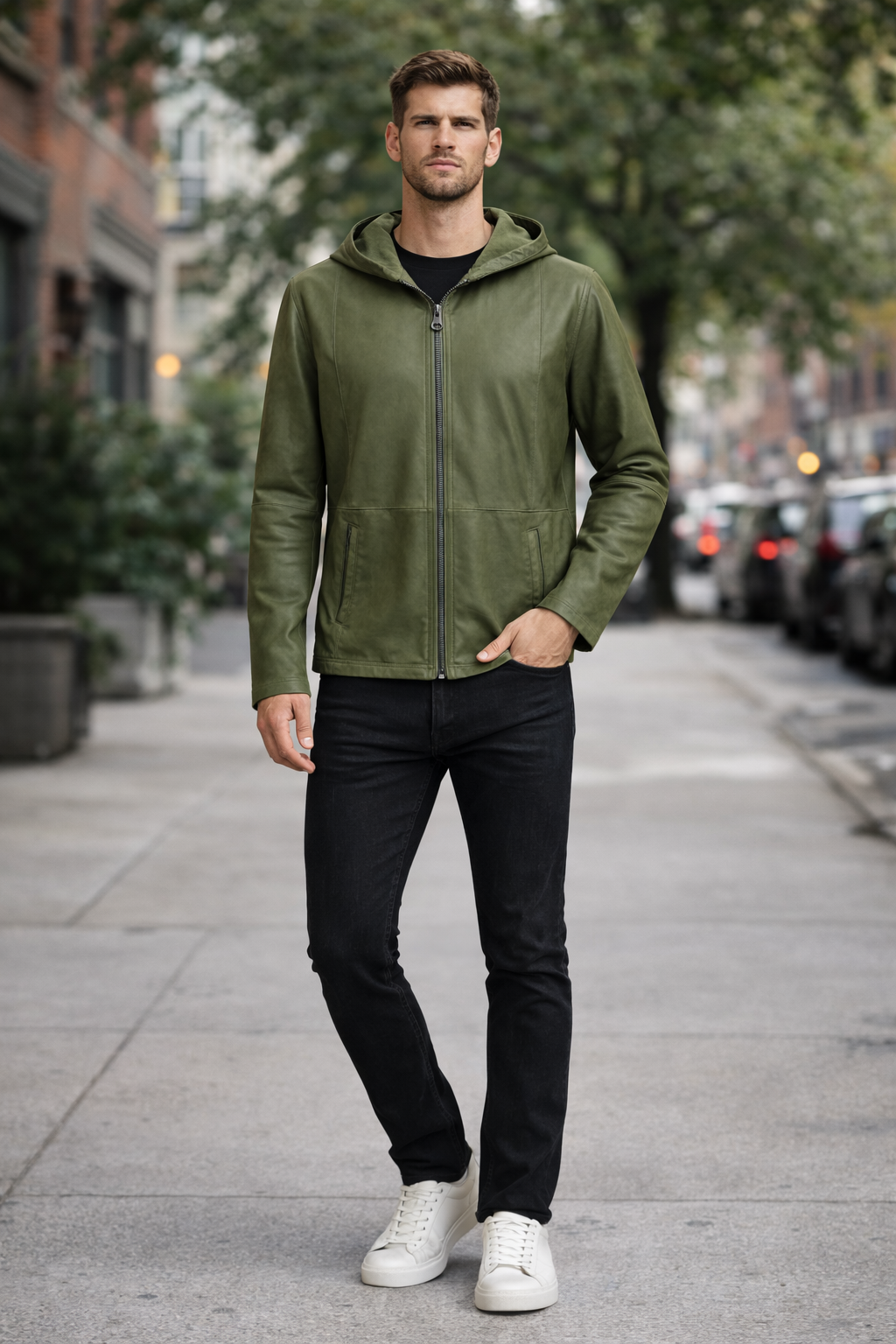 Reverseble Leather and Suede Hooded Jacket for Men