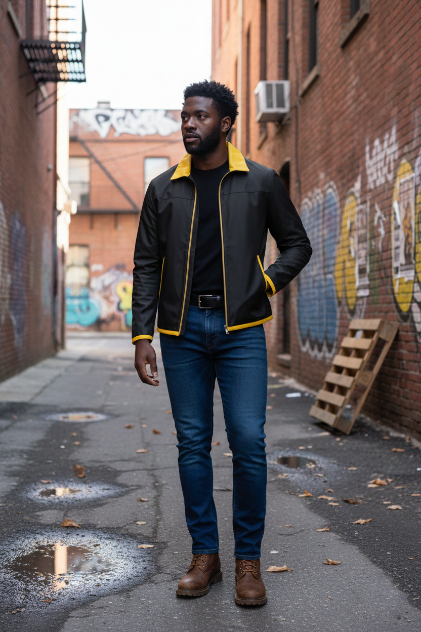 Reversble Lamb Leather and Windproof Fabric Yellow and Black Jacket for Men