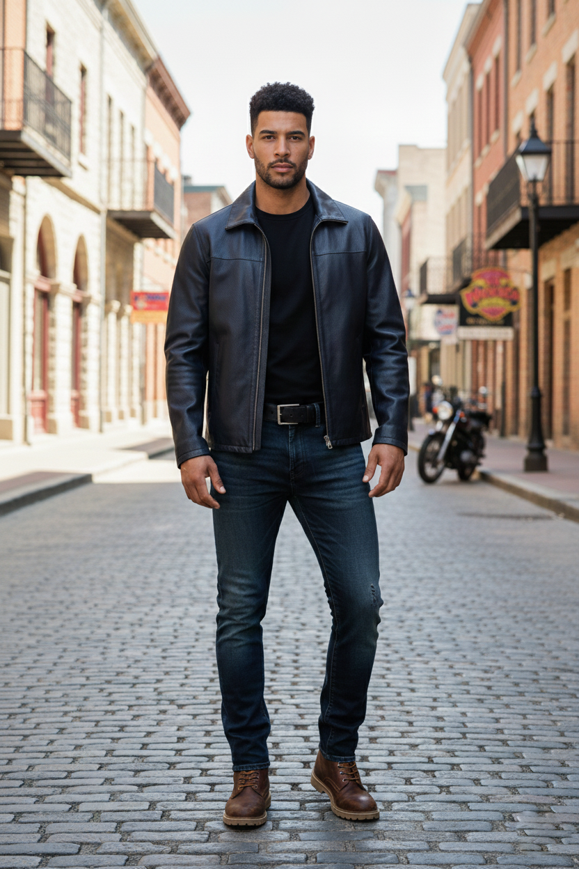Reversble Lamb Leather and Windproof Fabric Black and Navy Blue Jacket for Men